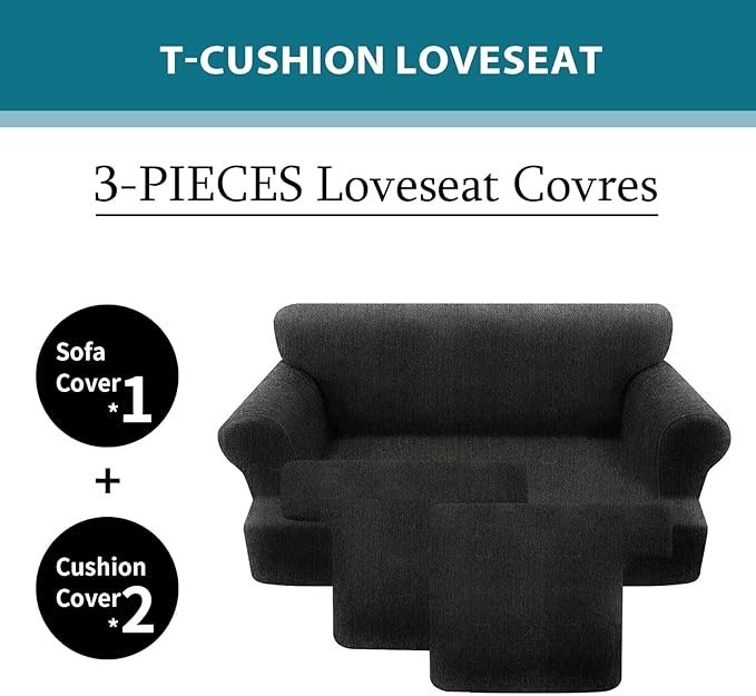 T Cushion Loveseat Slipcover 3 Pieces Sofa Covers for T Cushion Sofa Stretch Slip Covers for 2 Cushion Couch with 2 Individual T Shape Seat Covers (Black, 2 Cushion)