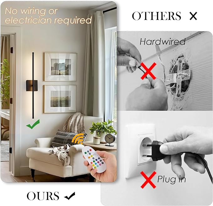 Battery Operated Wireless Wall Sconces Set of Two, with Remote, Dimmable, Warm White/Natural White/Daylight/RGB, 350°Rotate, LED Black Wireless Wall Light for Living Room, Bedroom, 24.4 Inch