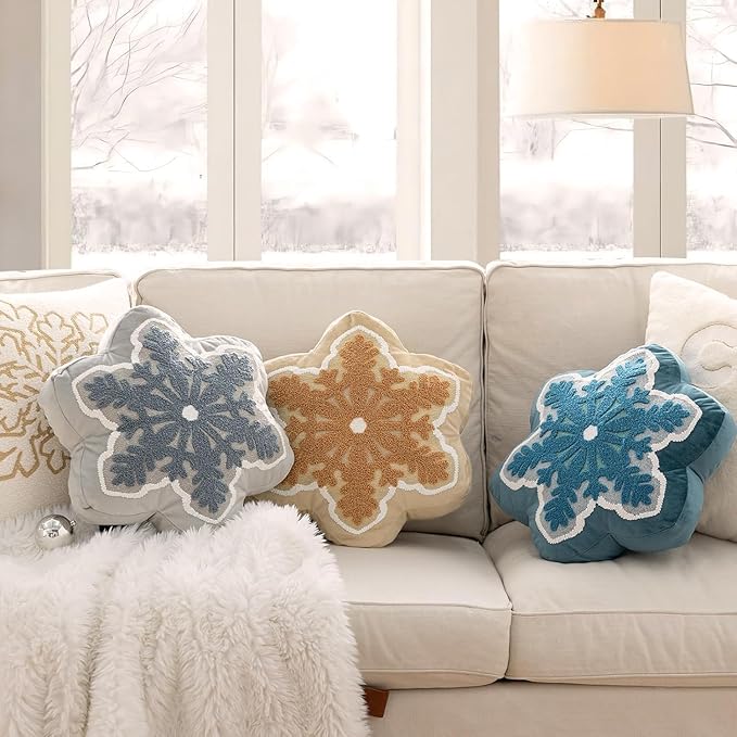 Phantoscope Merry Christmas Snowflake Shaped Throw Pillow, Velvet Xmas Embroidered Snowflake Pillow Decorative Christmas Cushion Pillow for Couch Living Room Bed, Beige, 16 x 16 inches