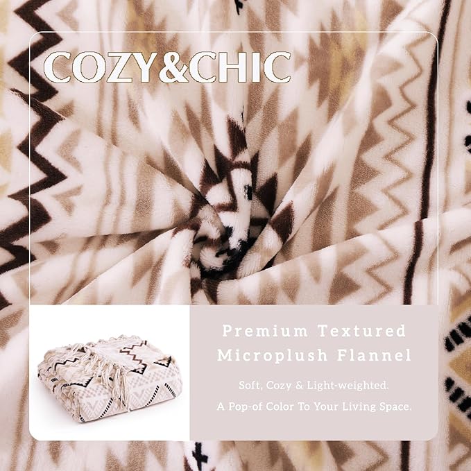CASAAGUSTO Boho Throw Blanket - Beige and Gray Decorative Blankets with Tassel, Printed Flannel Bohemian Blanket for Chair, Bed, Sofa, Couch(50 * 60, Beige and Gray)
