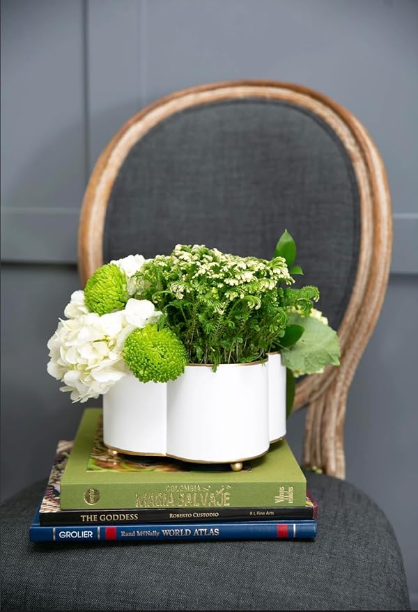 Jaye's Studio Mattie White Quatrefoil Planter, White Metal Cachepot, Decorative Flower Pots, Indoor Plant Pots for Living Room, Bedroom, Kitchen, Office, Luxury Home Decor, Clover Shape, 8 inch