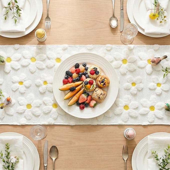 Artoid Mode White Soft Plush Faux Fur Jacquard Embroidery Daisy Spring Table Runner, Kitchen Dining Table Decoration for Home Party Decor 13x90 Inch