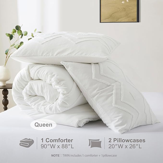 Oli Anderson Boho Tufted Comforter Set Queen Size, 3 Pcs Soft Jacquard Bedding Set for All Seasons, Shabby Chic Farmhouse Bedding Set with Comforters for All Seasons (White, Queen)