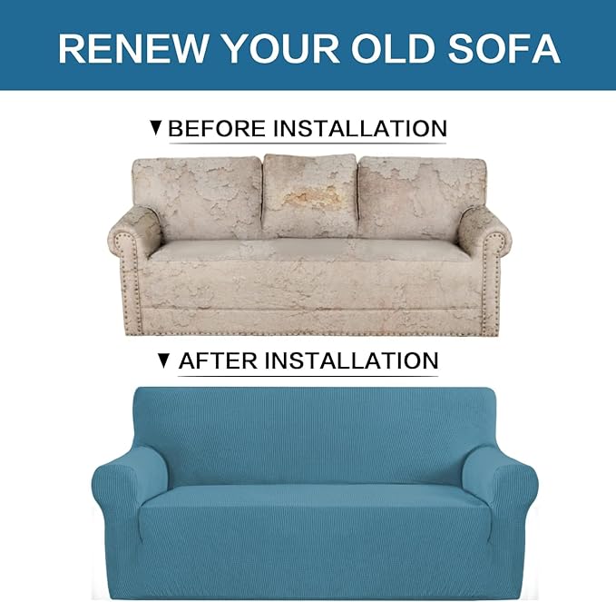 H.VERSAILTEX Stretch Couch Covers for Sofa 1 Piece Slipcovers for Couch and Sofas 3 Seater Couch Cover Feature Thick Checked Jacquard Fabric with Elastic Bottom(Large Sofa 90"-100" Wide, Storm Blue)