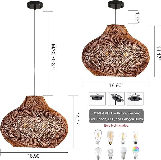 Boho Rattan Pendant Lights 18.9IN Hand-Woven Wicker Chandelier Rattan Basket Ceiling Hanging Light Fixtures for Dining Room Kitchen Island Living Room Entry Hallway Reataurant