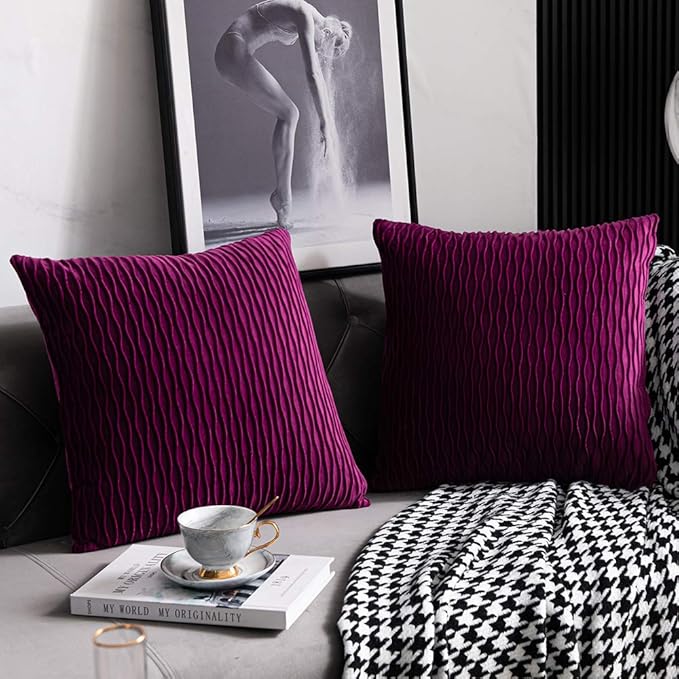 16x16 Purple Throw Pillow Cases: 2 Pack Original Striped Velvet Square Decorative Pillow Covers for Farmhouse Couch
