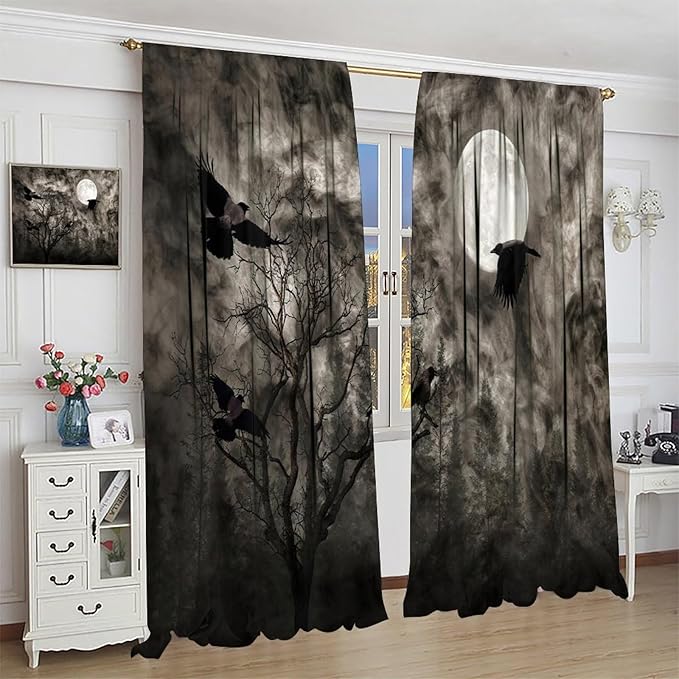 Gothic Crow Blackout Window Curtains, Gothic Style Dark Sky Full Moon Raven Halloween Pattern Window Drapes, for Home Bedroom Living Room 26(W)*84(L) 2 Panels