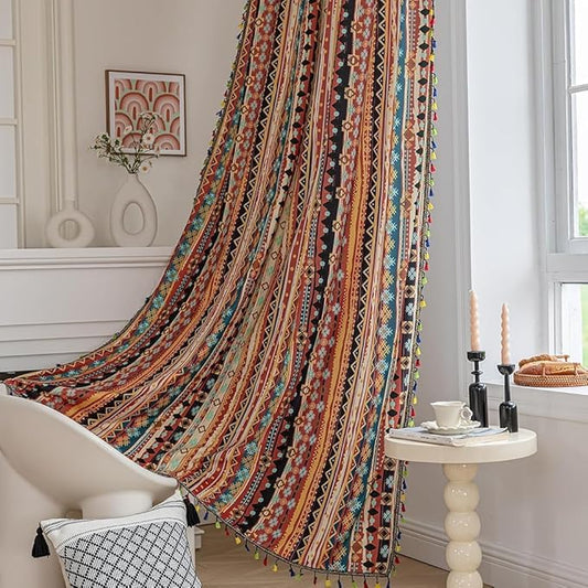 Boho Curtains Geometric Light Filtering Semi-Blackout Window Curtains 54 Inches Long Rod Pocket Drapes for Living Room 2 Panels-Vintage Red