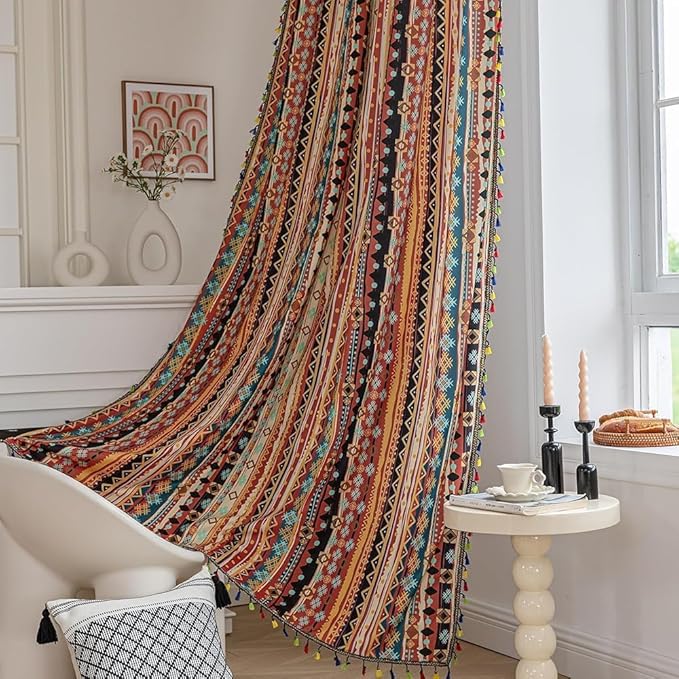 Boho Curtains Geometric Light Filtering Semi-Blackout Window Curtains 63 Inches Long Rod Pocket Drapes for Living Room 2 Panels-Vintage Red