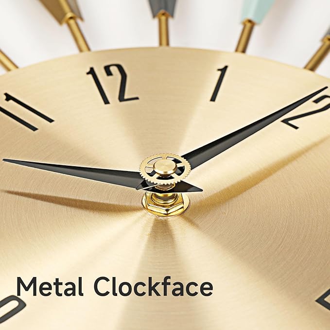 Mid Century Modern Wall Clock, 22 Inch Large Metal Wall Clock for Living Room Decor, Colorful Sunburst Starburst Decorative Clocks Silent Battery Operated for Kitchen Bedroom Office