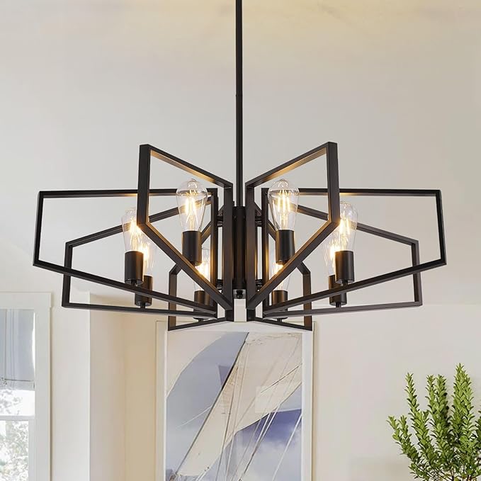 WJShome 8-Light Black Chandelier, Farmhouse Dining Room Light Fixture, Modern Industrial Ceiling Foyer Lighting Fixtures, Geometric Pendant Lights Kitchen Island, for Bedroom,Stairway, Entryway