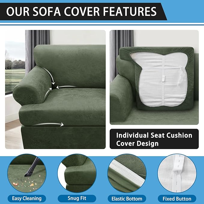 3-Pieces T Cushion Sofa Slipcovers Leather Look Couch Cover for 2 Cushion Couch Furniture Protector Stretch Sofa Cover with 2 Individual T Cushion Seat Covers Washable, Army Green