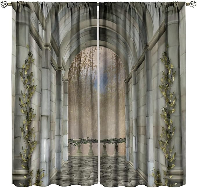 Abstract Mid Century Gothic Arch Blackout Curtains, Vintage Watercolor Forest Old Western Architecture Window Drapes, for Living Room Bedroom 21(W)*63(L) 2 Panels