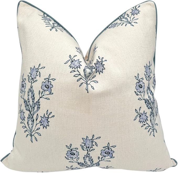 “The Mary” Periwinkle Floral Block Print Pillow Cover – Blue and White Decorative Throw Pillow Cover – Grandmillennial Home Decor, 19" x 19"