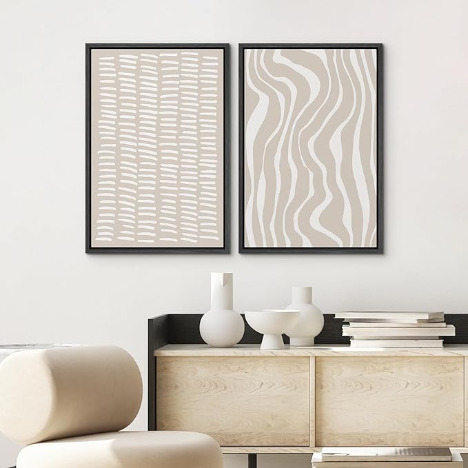 SIGNWIN Framed Canvas Print Wall Art Set Tan White Geometric Stripe Collage Abstract Shapes Cozy Neutral Modern Art Minimal Boho Relax/Calm for Living Room, Bedroom, Office - 16"x24"x2 Black