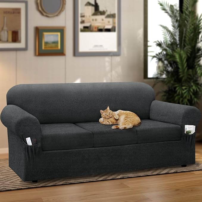 Sofa Slipcover with Armrest Pockets 4-Piece Set, Stretch Faux Leather Extra Large Couch Covers for 3-Cushion Couches(Fits 98-112") - Machine Washable, Pet & Kid Friendly - Gray