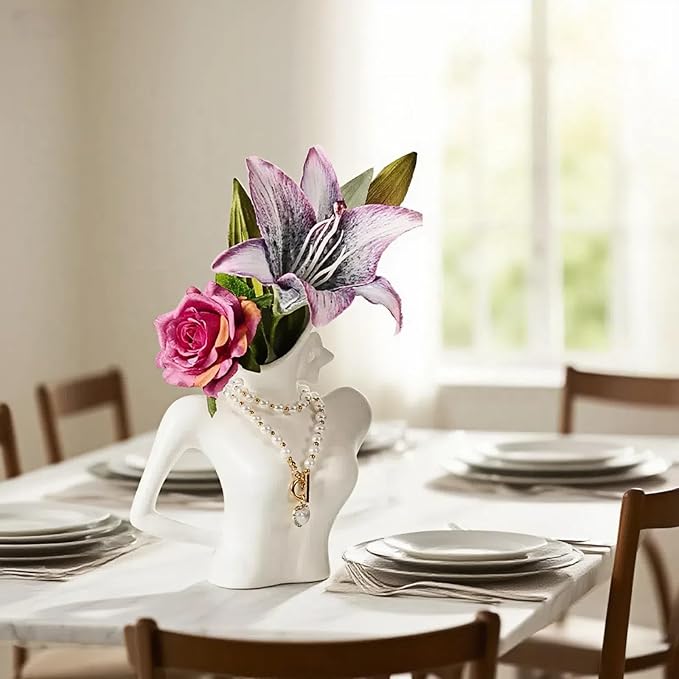 Ceramic Vase with Detachable Necklace — Elegant Female Curves Home Decor, Artistic Tabletop Vase for Bookshelf, Dining Table, Living Room, Kitchen, or Office, Perfect with Artificial or Dried Flowers