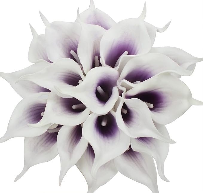 Duovlo 20pcs Calla Lily Bridal Wedding Bouquet Lataex Real Touch Artificial Flower Home Party Decor (Purple in White)