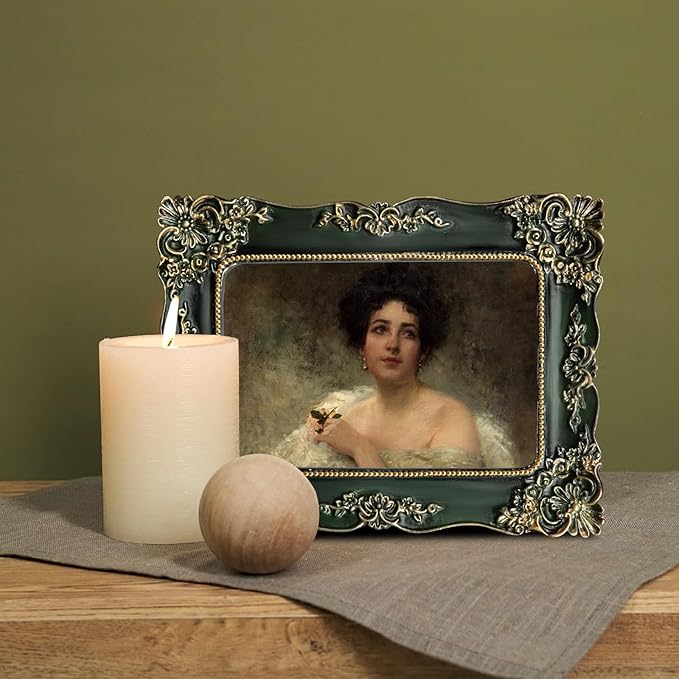 Green Picture Frame 4x6 Vintage Picture Frames Antique Ornate Baroque Victorian Handcrafted for Tabletop or Wall Display with Glass Front