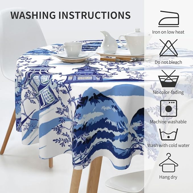 Japanese Tablecloth, Blue Traditional Vintage Landscape Oriental Temple Chinoiserie Water Resisitant Wipeable Table Cover for Dining Kitchen Living Room Home Party Holiday Decor 36 inch Round
