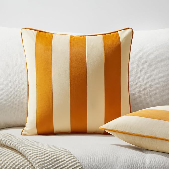 MONDAY MOOSE Decorative Throw Pillow Covers Cushion Cases, Set of 2 Soft Velvet Striped Piping Edge Designs, Pillow Inserts Not Included (Honey/Cream, 16x16 inch)