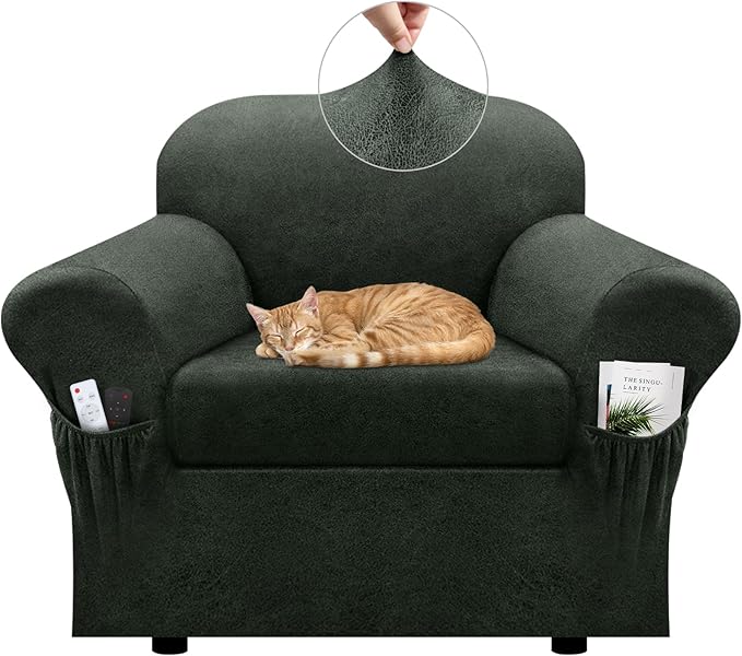 Chair Slipcover with Armrest Pockets 2-Piece Set, Stretch Faux Leather Chair Cover for Armchairs(Fits 31-45") - Non-Slip, Machine Washable, Pet & Kid Friendly - Military Green