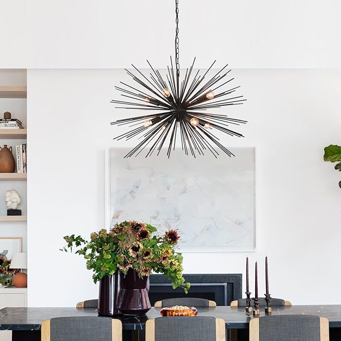29.13" Large Black Sputnik Chandelier Vintage Geometric Starburst Chandelier Light Modern Solid Metal Firework Chandeliers for Dining Room, Kitchen Island, Bedroom, Living Room