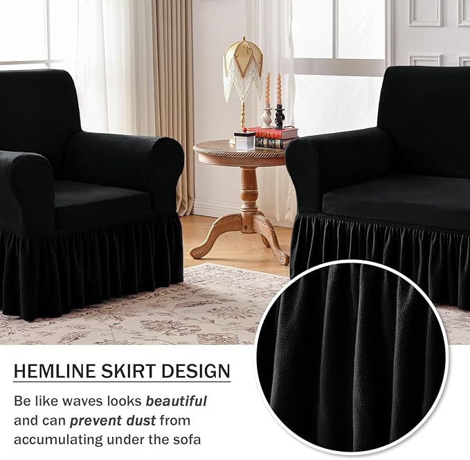 NICEEC Armchair Cover Thick Plush 1-Piece Warm Black Armchair Slipcover Stretch Fluffy Couch Covers for Living Room Easy Fit Washable Soft Furniture Sofa Protector with Skirt