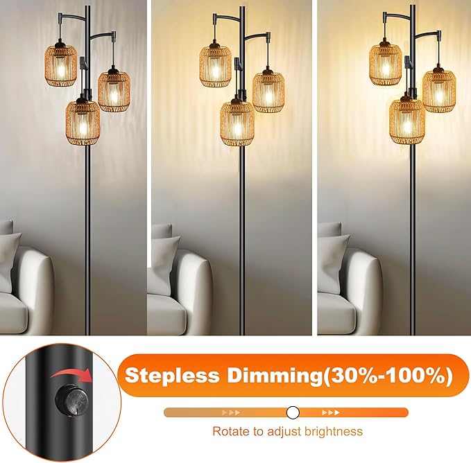 Boho Floor Lamps for Living Room, 65'' Dimmable Farmhouse Rattan Standing Lamp with LED Bulbs, 3 Light Tree Rustic Tall Lamps for Bedroom, Office, Rotary Switch