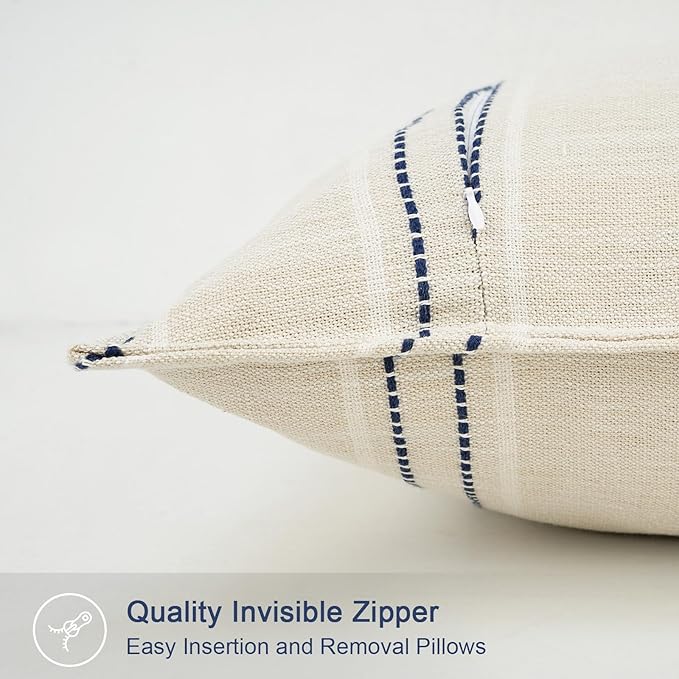 18X18 Decorative Farmhouse Linen Throw Pillow Covers, Boho Textured Pillow Case Set of 2 ,Beige with White & Blue Stitch Yarn Dyed Stripe Cushion Cover ,Modern Accent Square Pillowcase for Sofa Couch