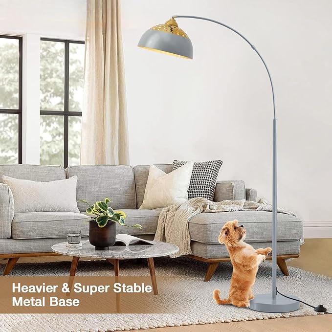 Arc Floor Lamps for Living Room, 71" Standing Lamp with Adjustable Lamp Head, Silver Metal Tall Lamps with Foot Switch, Arched Reading Light for Bedroom, Office, 9W 3 Color Temperatures Bulb Included