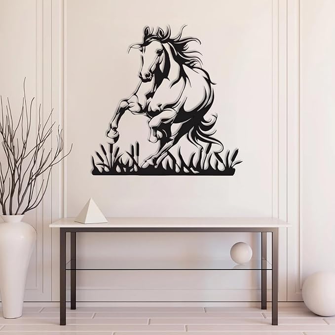 Metal Horse Wall Art, Metal Wall Art Wildlife, Running Horse Wall Art, Rustic Concise Western Horse Decor, Safari Metal Sculpture, Horse Home Decorations, Farmhouse Wall Decor (Black, 35"x35"|90x90cm)