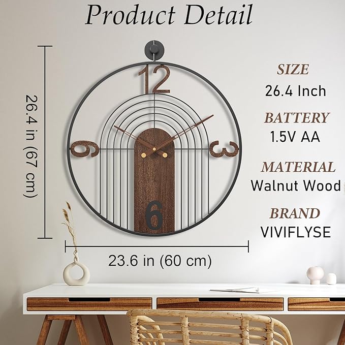 Large Modern Walnut Dial Wall Clock, Wood Metal Frame Silent Non Ticking Decoration Wall Clocks for Living Room, Bedroom, Kitchen, Study, Handmade Home Decor Gift Idea, 26.4 Inch