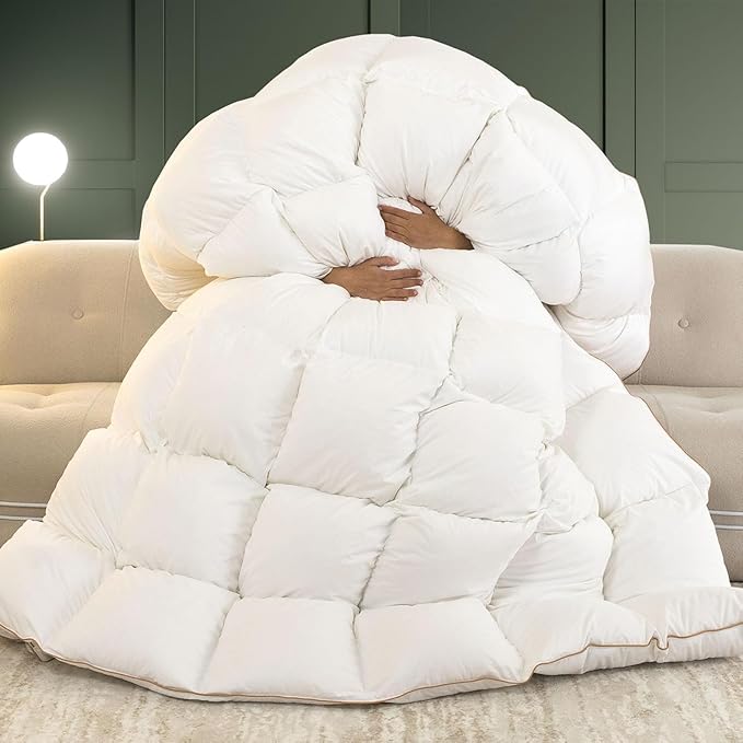 Down Fiber Comforter Queen Size – All Season Fluffy White Duvet Insert, Lightweight Warm Feather Bedding, Soft 100% Cotton Cover, 90x90 Inch