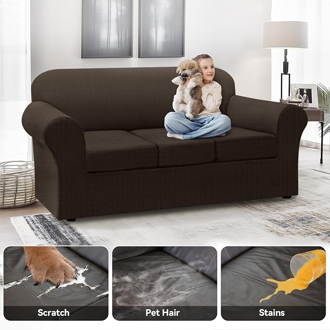 100% WaterproofCouch Cover 4-Piece Set Striped Sofa Slipcovers for 3 Cushion Couch Sofa Covers with TPU Leakproof Bottom Stretch Couch Protector Pet Proof - Sofa(3-Cushion), Brown