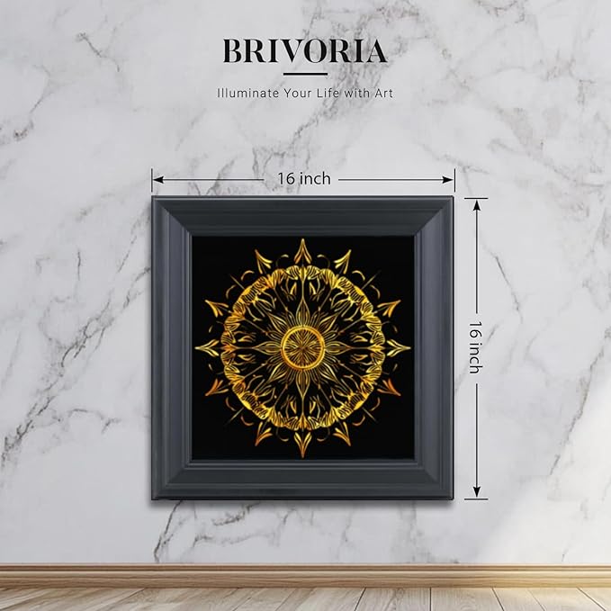 Brivoria Mandala Wall Art Home Decor, Radiant Golden Sun Mandala with Layered Frame Design, Modern Spiritual Statement Wall Decor for Living Room Dining Room Hallway or Meditation Space, 16x16