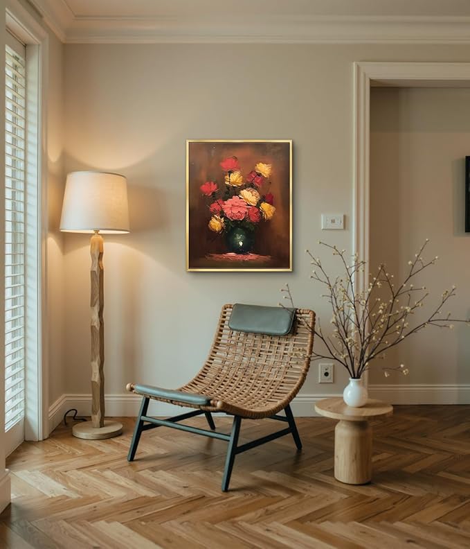 AIMAILON Vintage Gold Canvas Wall Art Framed Decor for Living Room Kitchen Classical Still Life Three Color Rose Artwork Warm Moody Botanical Aesthetic Picture Home Decoration 16x20