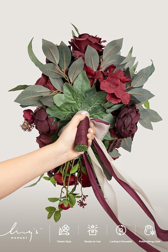 Ling's moment Red Bridal Bouquet Cascading, Burgundy Wedding Bouquets for Bride, 13 Inch Bride Bouquets for Wedding Artificial Flowers Bouquets