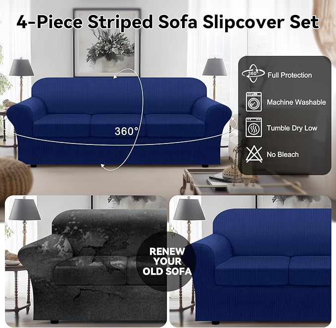100% Waterproof Extra Large Couch Cover 4-Piece Set Striped Sofa Slipcovers for 3 Cushion Couch Covers with TPU Leakproof Bottom Stretch Protector Pet Proof - Sofa(3-Cushion), Navy