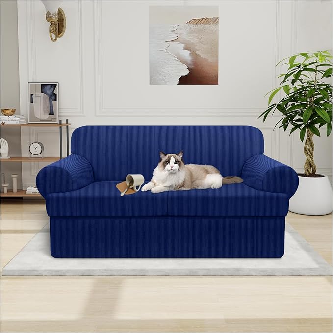 Waterproof Loveseat Cover 3-Piece Set Striped Slipcover for 2 Separate T Cushion Couch - TPU Fabric 2-Seater Sofa Covers Leakproof Couch Protector for Kids, Pets(Loveseat, Navy)