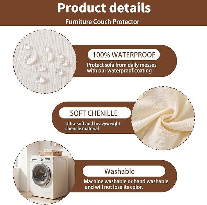 100% Waterproof Couch Cover Sofa Covers for Sectional Couches Reclining Armseat/Chair/Futon Sofa SlipCover for Dog Pet-Friendly Furniture Protector for Living Room with Tassel(91" x 134", Beige)