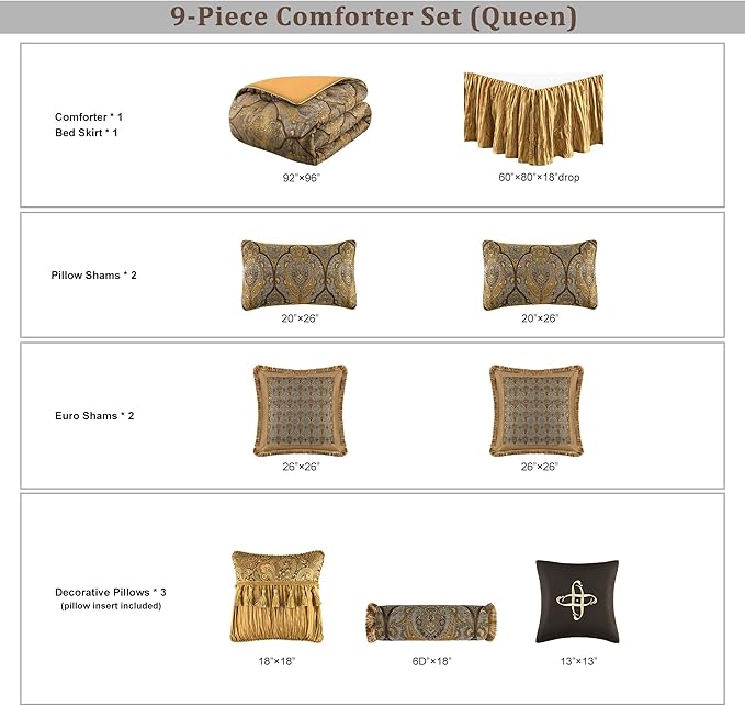Loom and Mill 9-Piece Jacquard Comforter Set, Luxury Classic Antique Comforter Queen Sets, Ultra Soft Damask Bedding with Euro Shams, Bedskirt, Filled Decorative Pillow for Home (Bronze Gold, Queen)