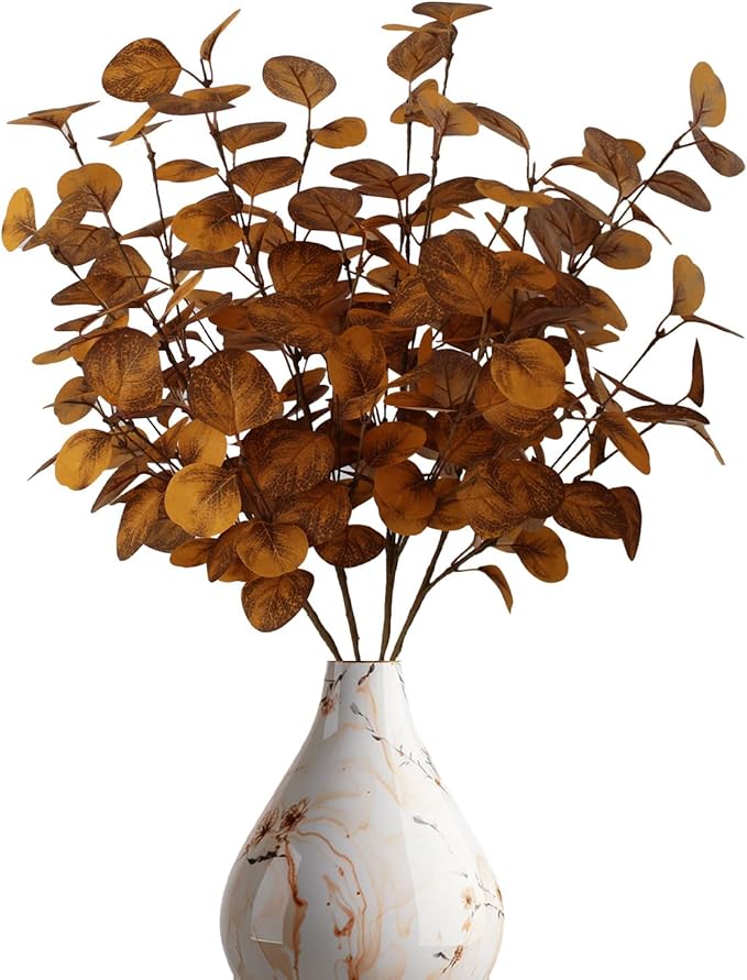 4PCS 24" Autumn Brown Metallic Artificial Eucalyptus Stems Real Faux Eucalyptus Leaves for Fall Home Decor, Thanksgiving Centerpiece Christmas Living Room Vase Decoration