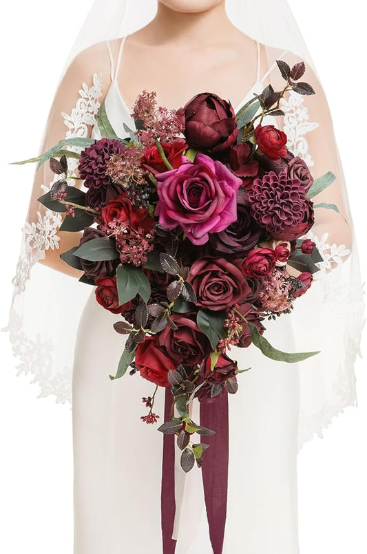 Ling's moment Red Bridal Bouquet Cascading, Burgundy Wedding Bouquets for Bride, 13 Inch Bride Bouquets for Wedding Artificial Flowers Bouquets