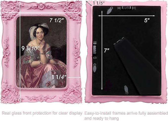 Pink Picture Frame 5x7 Vintage Victorian Picture Frame Antique Ornate Baroque for Tabletop or Wall Hanging Small with Glass Front