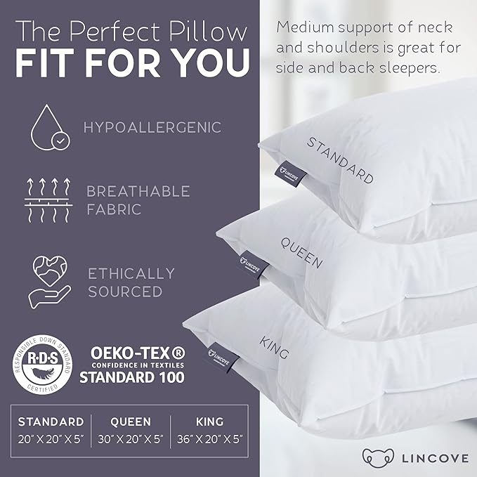 Lincove Down and Feather Luxury Hotel Collection Bed Pillows for Sleeping Made in The USA - 100% Cotton Shell, 600 Thread Count - Soft Hypoallergenic (Queen Size, Pack of 2)