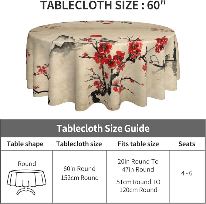 Cherry Blossom Tablecloth, Traditioanal Japanese Landscape Oriental Chinese Floral Vintage Water Resisitant Wipeable Table Cover for Dining Kitchen Living Room Home Party Holiday Decor 36 inch Round