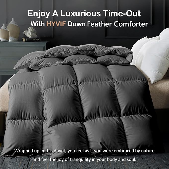 Luxury Down Feather Comforter Twin Size-Bed Duvet Insert-Ultra-Soft & Cozy Hotel Collection Grey -Twin Size(68 ”X 90”)