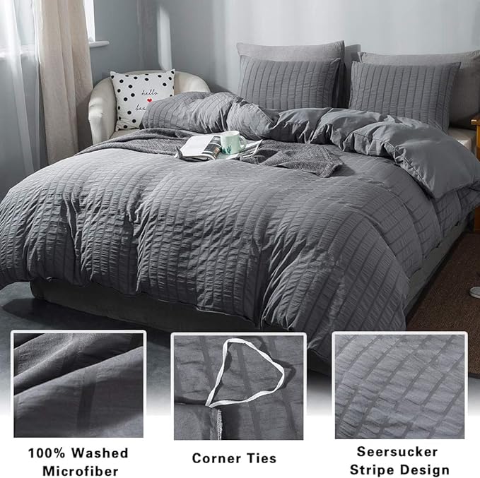 AveLom Seersucker Duvet Cover Set Full Size (80 x 90 inches), 3 Pieces (1 Duvet Cover + 2 Pillow Cases), Dark Gray Ultra Soft Washed Microfiber, Textured Duvet Cover with Zipper Closure, Corner Ties
