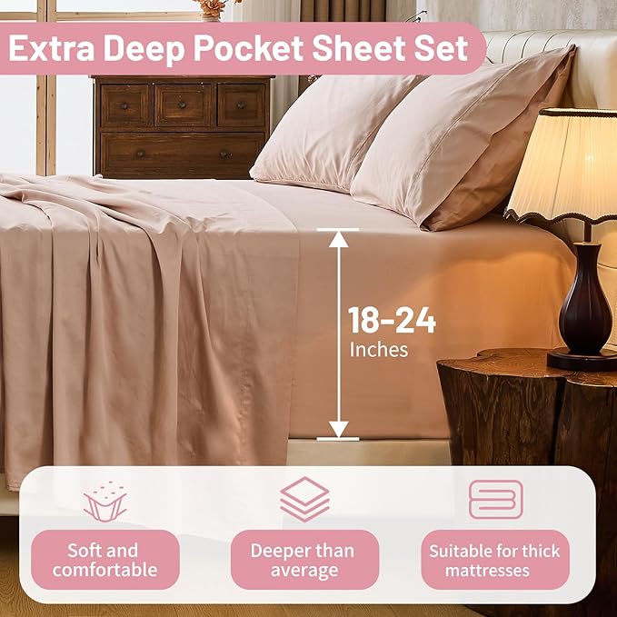 MEISHANG Extra Deep Pocket Cotton Sheets King Size - 100% Egyptian Cotton 1000 Thread Count - Fits 18"-24" in Deep Mattress,Oeko-Tex Certified, Soft & Breathable - 4 Piece (King, Light Pink)